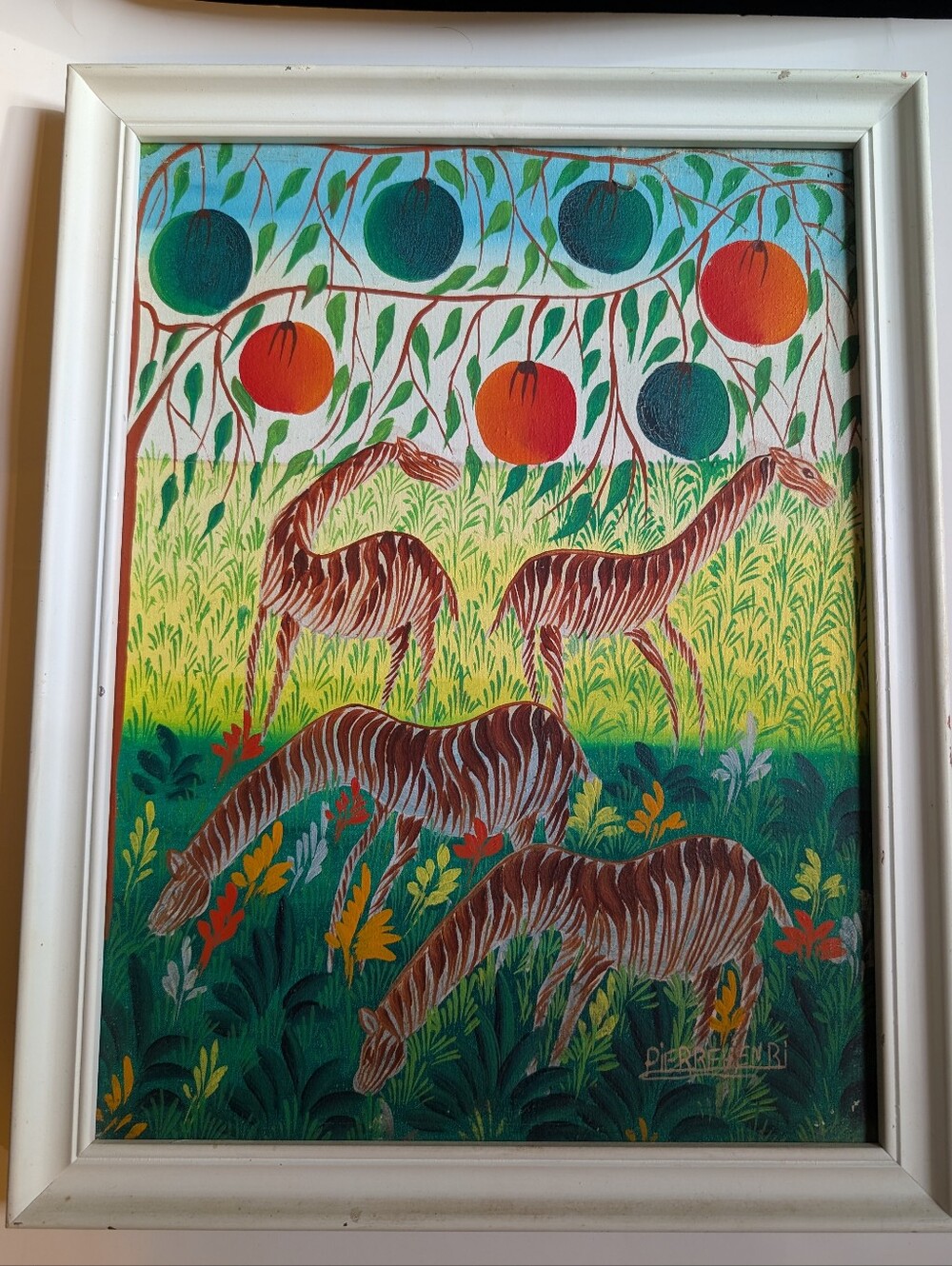 VINTAGE MID-CENTURY HAITIAN FOLK ART JUNGLE SCENE PAINTING BY PIERRE HENRI